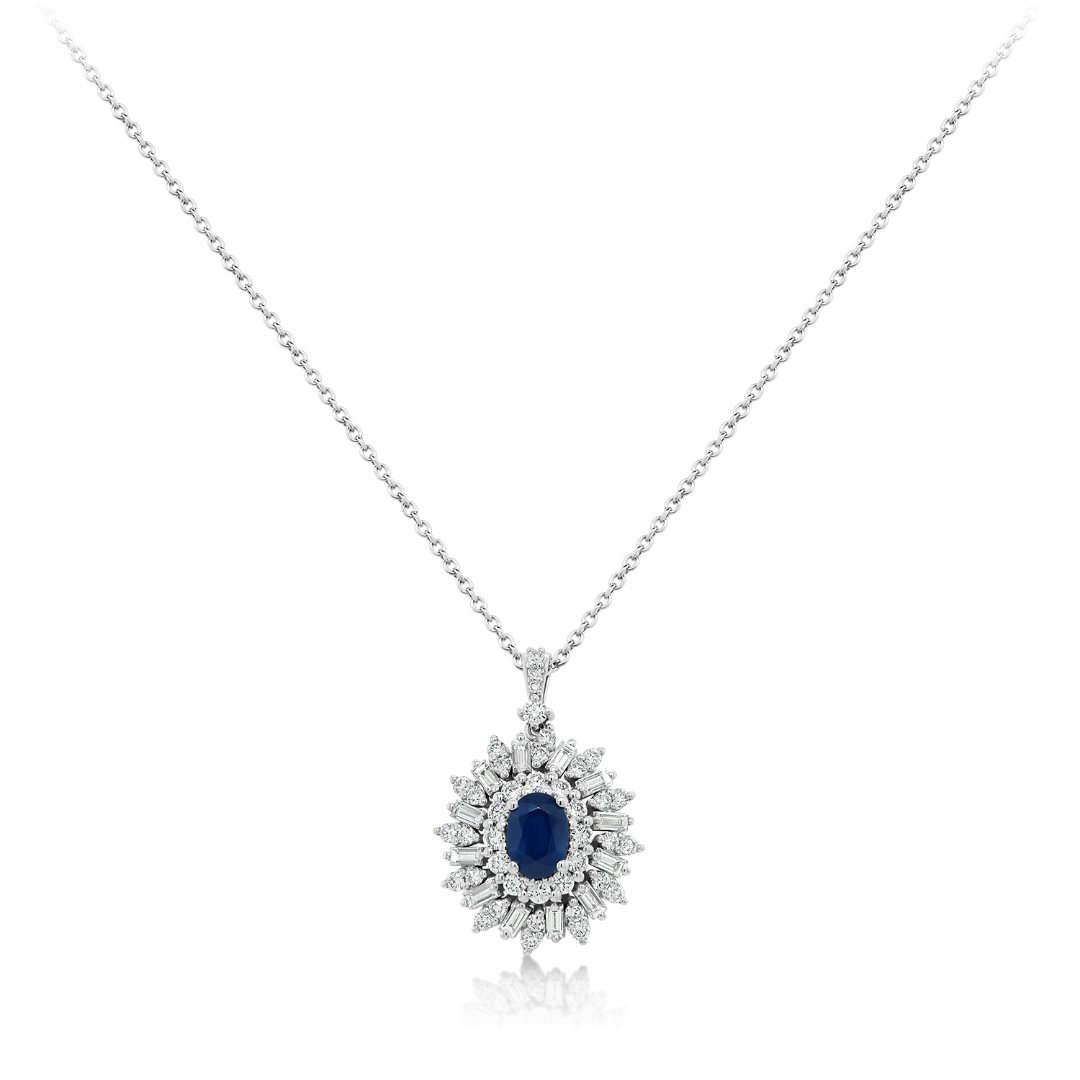 Lanț cu pandantiv din aur alb de 18K cu Safir și Diamante naturale