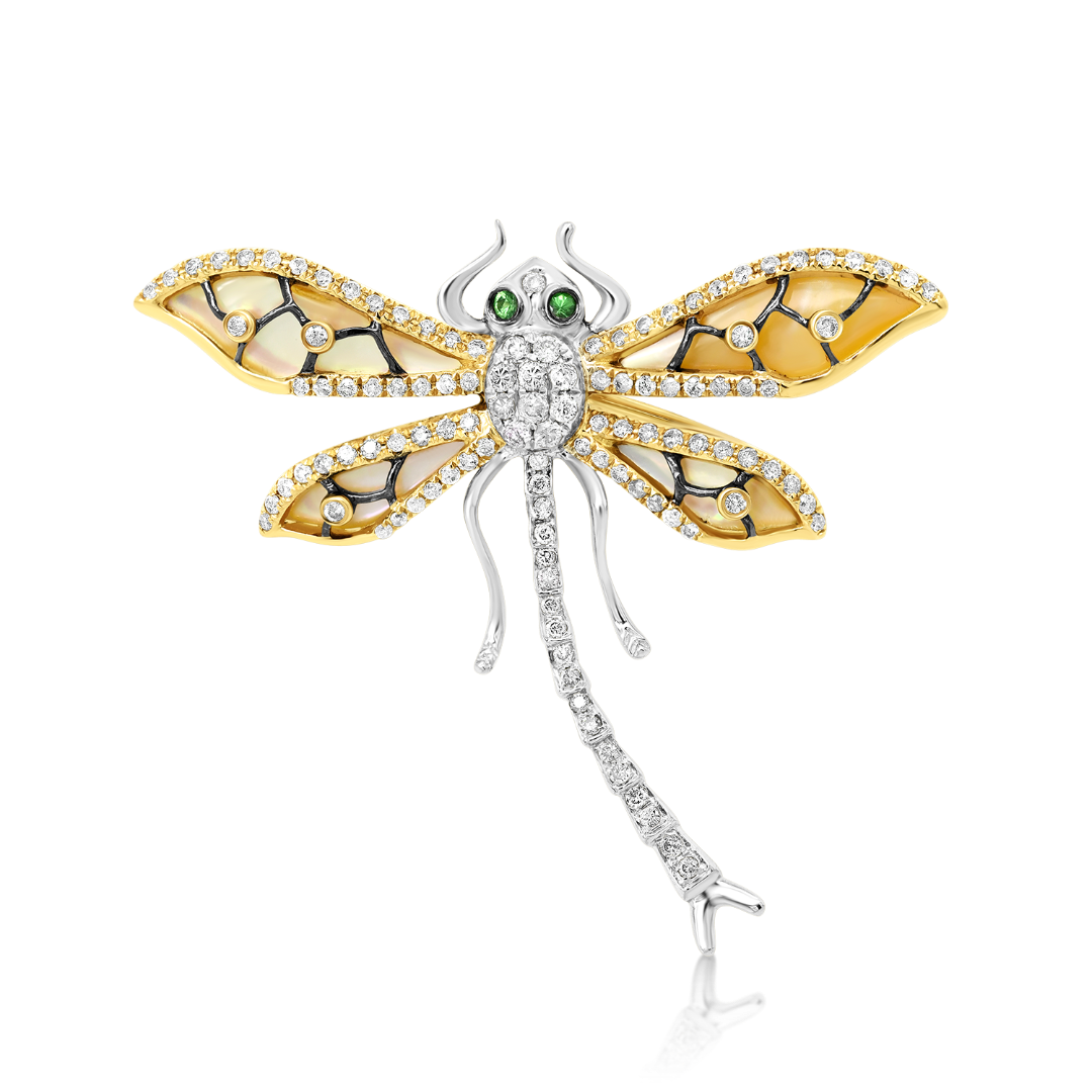 Broșă din aur alb de 18K cu Granat, Sidef și Diamante naturale