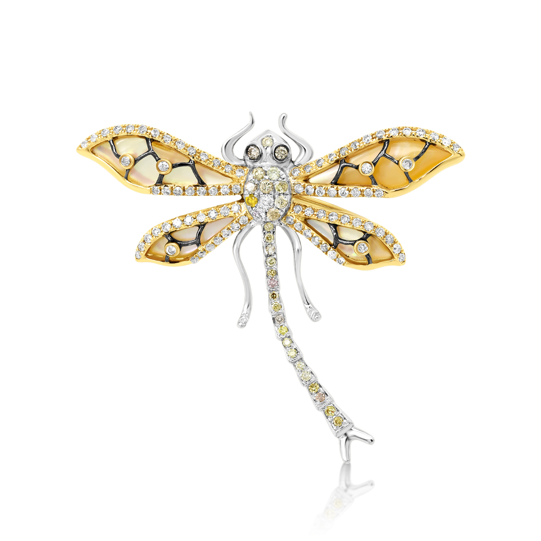 Broșă din aur alb de 18K cu Diamante naturale Fancy și Sidef