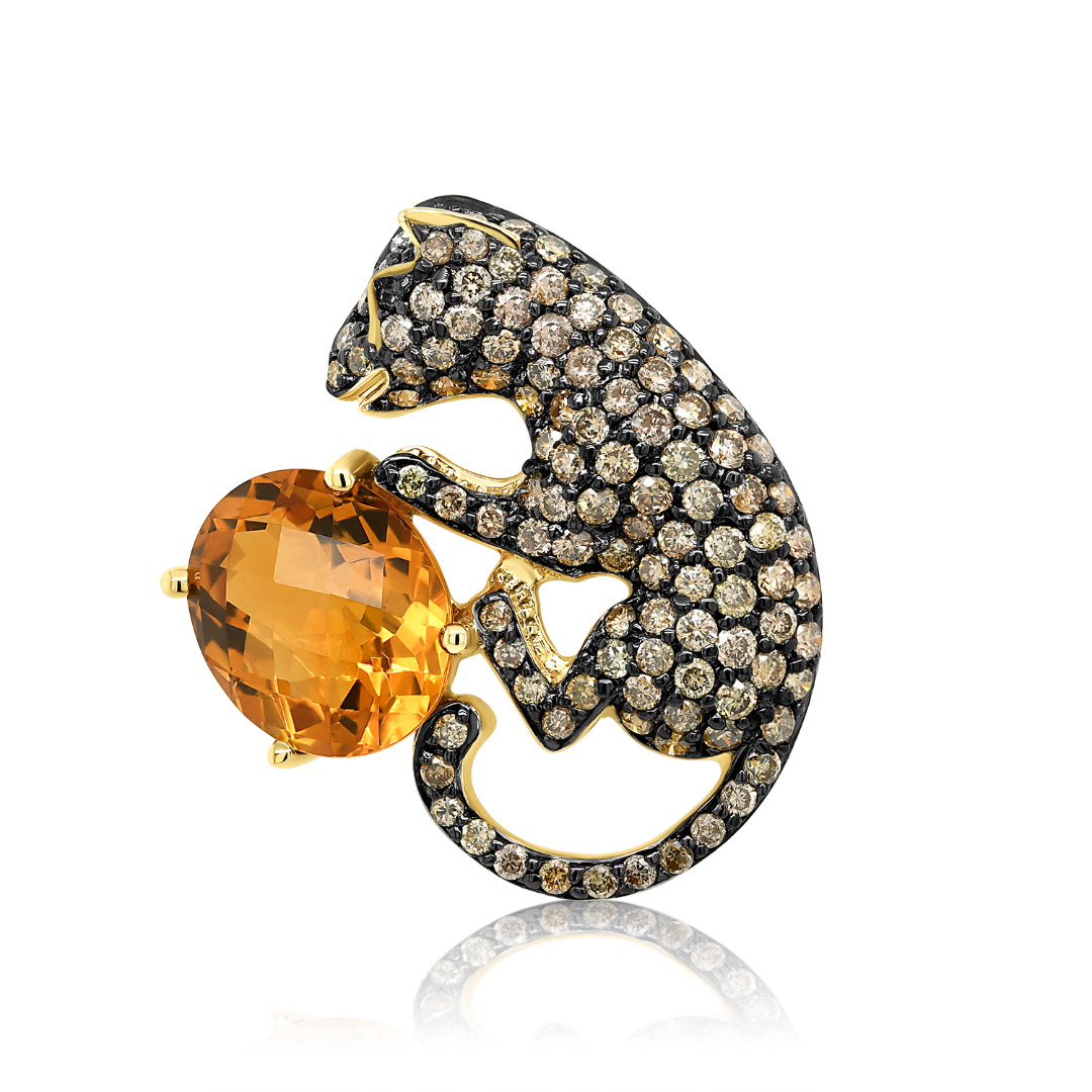 Brosă din aur galben de 18K cu Citrin, Safir și Diamante naturale