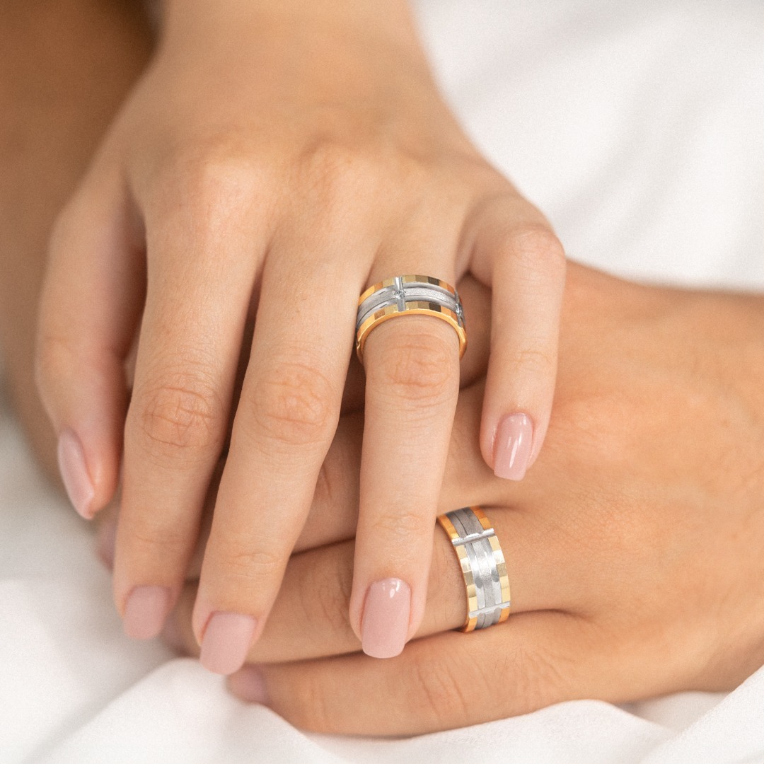 Verighetă bărbat Fancy 112 din aur galben de 14K și rodiu alb